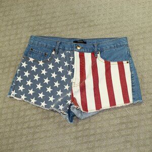 Forever 21 USA Flag Front Fray Cuffed Cotton Blue Jean Shorts Size 29